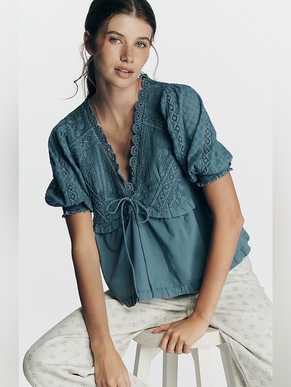 Anthropologie Bohemian Dusty Blue T Shirt Blouse Top